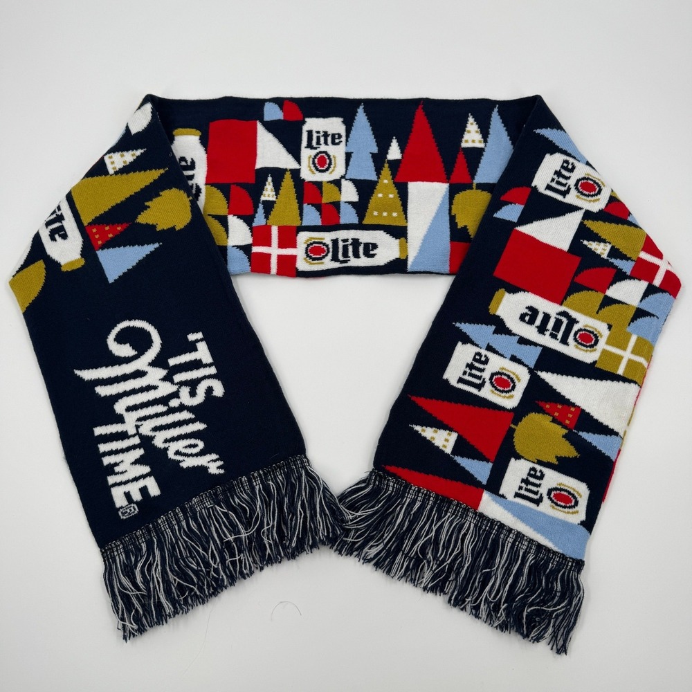 Miller Lite Tis Miller Time Knit Holiday Scarf Navy Blue Beer Can Fringe A1387‎